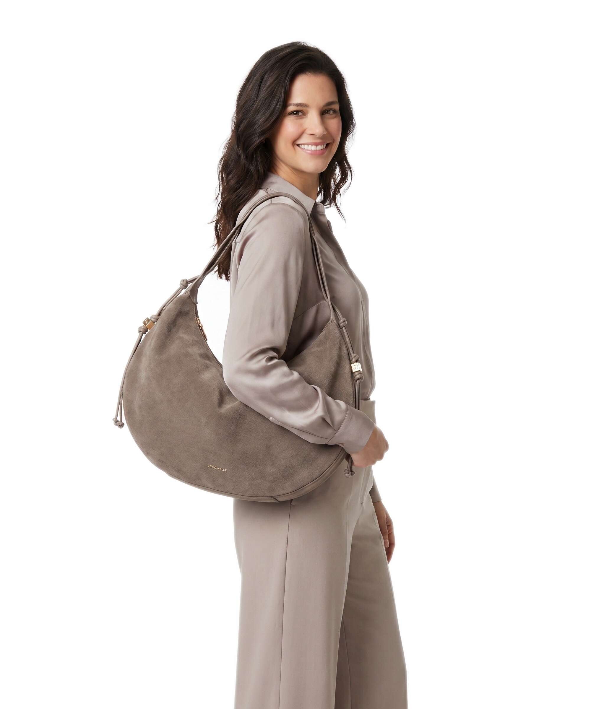 Coccinelle Thess Suede Hobo bag warm taupe